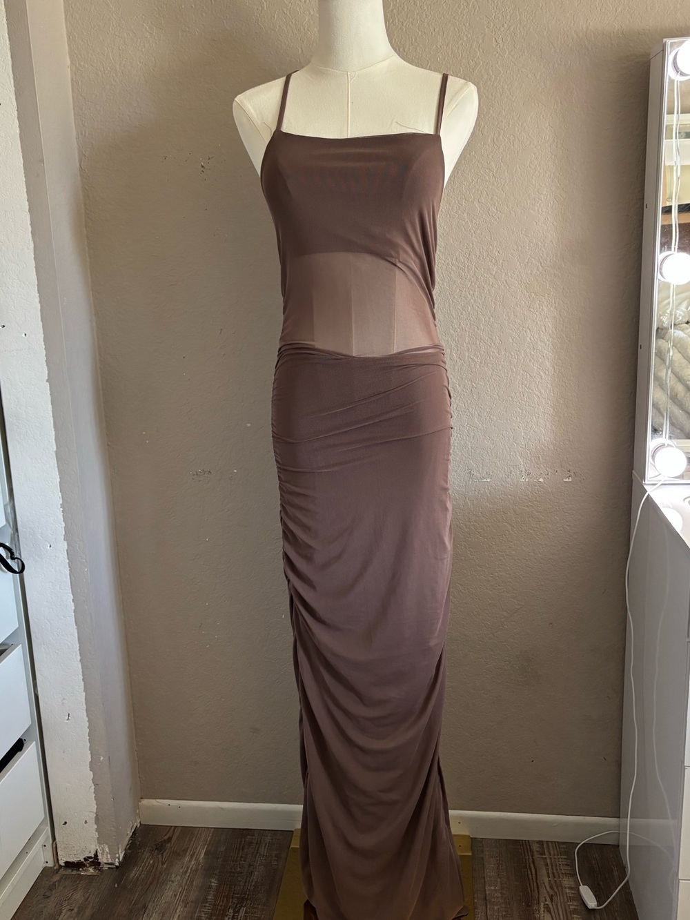 Women’s Brown Sheer-Panel Maxi Dress